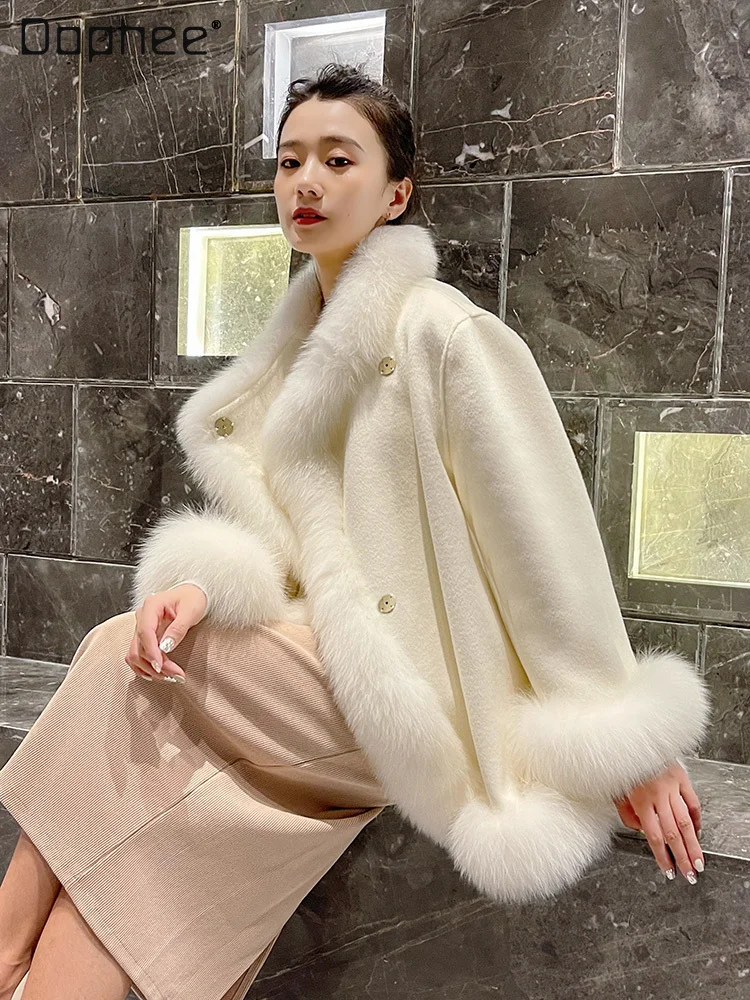 

Korean Style Faux Fox Fur Collar Fux Fur Coat Female 2023 Winter New Socialite Style Shawl Woolen Cape Coats and Jackets Women