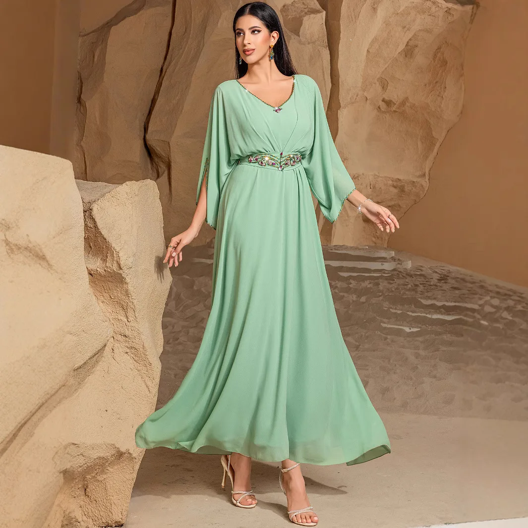 

Ba3057 Solid Color Elegant Flared Dress V-neck Women's Fashion Muslim Long Dress Robe Abaya Ramadan Dubai Luxury Islam Elegant