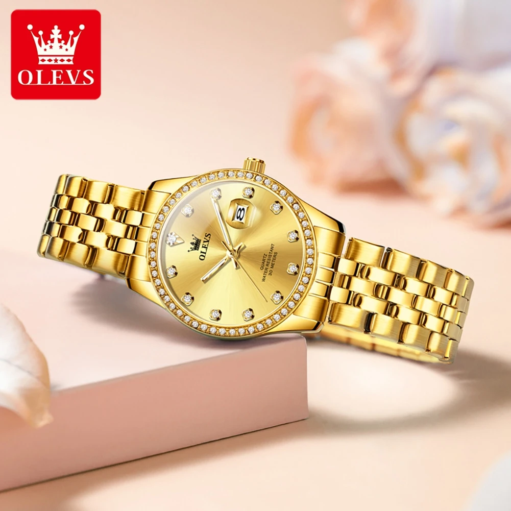 OLEVS Luxus Goldene Edelstahl Quarz Uhren für Frauen Auto Datum Strass Wasserdichte Damen Armbanduhr Uhr Frau Uhr