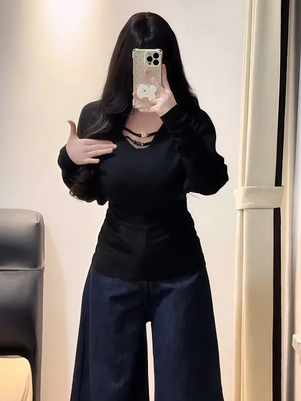 

Женская футболка больших размеров в американском ретро-стиле с V-образным вырезом, расшитая бисером, с длинными рукавами-«летучая мышь», весенняя, базовая, приятная к телу, дышащая.