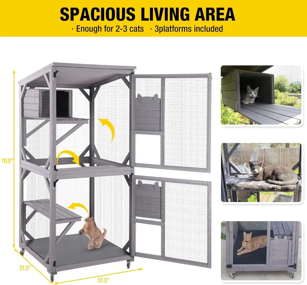 Cat Catio Outdoor Cat House Wooden Large Enclosure with Run on Wheels 70.9