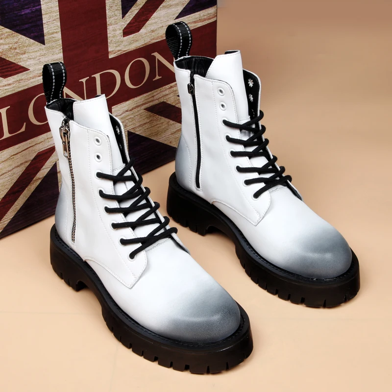 

men luxury fashion original leather boots lace-up black white shoes stage nightclub dress cowboy platform boot motorcycle botas