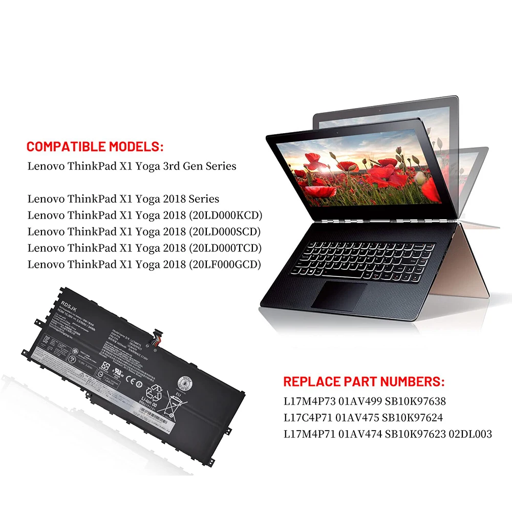 L17M4P71 L17C4P71 L17M4P73 Laptop Battery for Lenovo ThinkPad X1 Yoga 3rd Gen 2018 Series 20LD 20LE 01AV474 01AV475 TP00076D