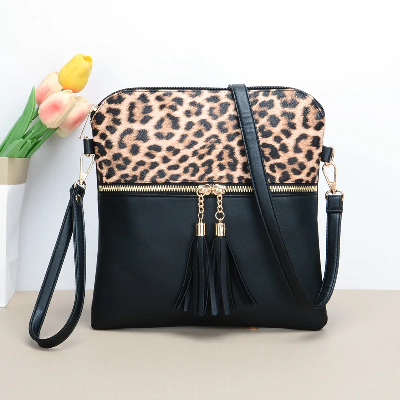 Casual Leopard Pattern Crossbody Bags For Women, Vintage Style Double Tassel Shoulder Bag For Daily Used Gift