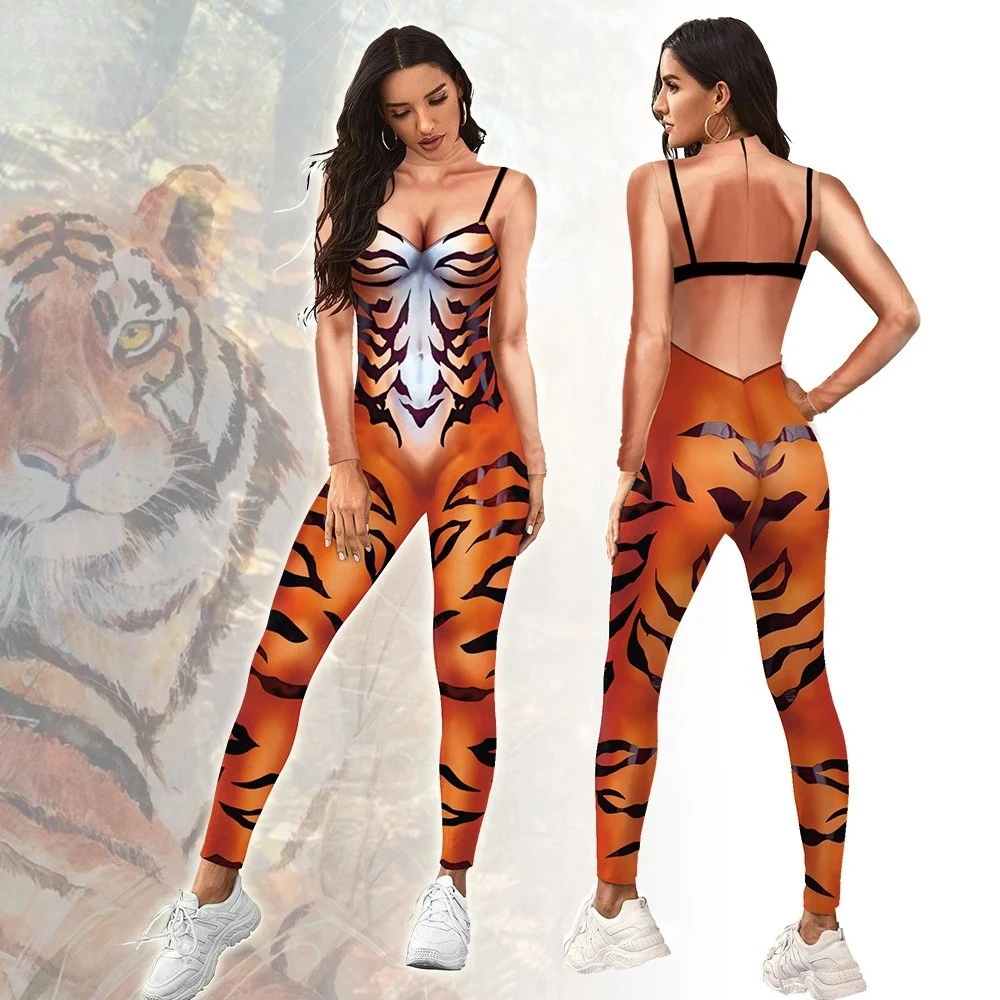 

Tiger Print Fitted Bodysuit - Long Sleeve Athletic Leotard Jumpsuit, Stylish Outfit for Workout, Casual Wear & Themed Events