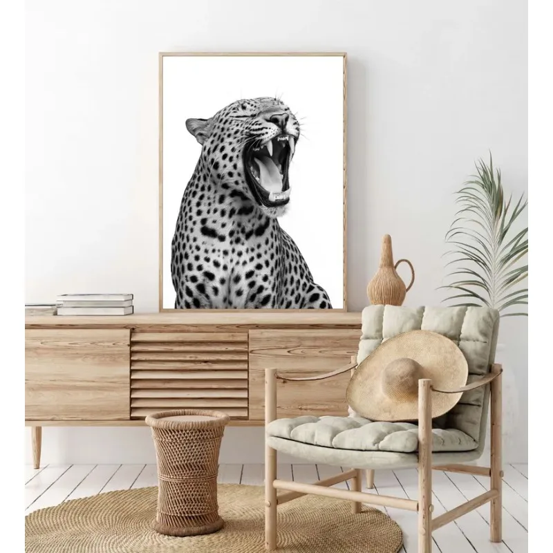 Stylish Fashion Black and White Poster Sexy Female Leopard Vintage Canvas Painting Luxury Wall Art Living Room Home Decor Mural