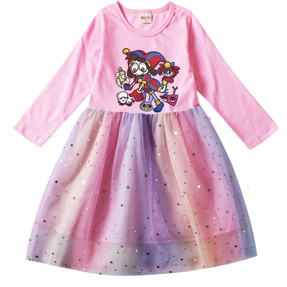 

Kids The Amazing Digital Circus Princess Dresses Girls Cartoon Pomni Long Sleeve Clothes Children Birthday Wedding Mesh Vestidos