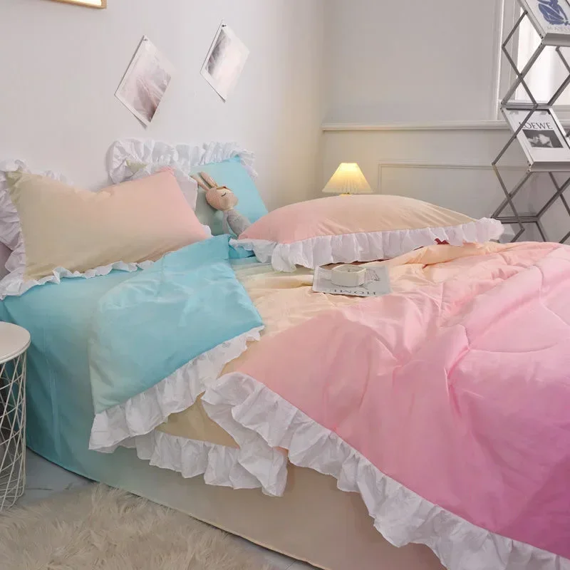 Girl Heart Ruffles Quilt Cover Macaron Candy Gradient Color Duvet Cover 1pc For Household Single Double Children Adults