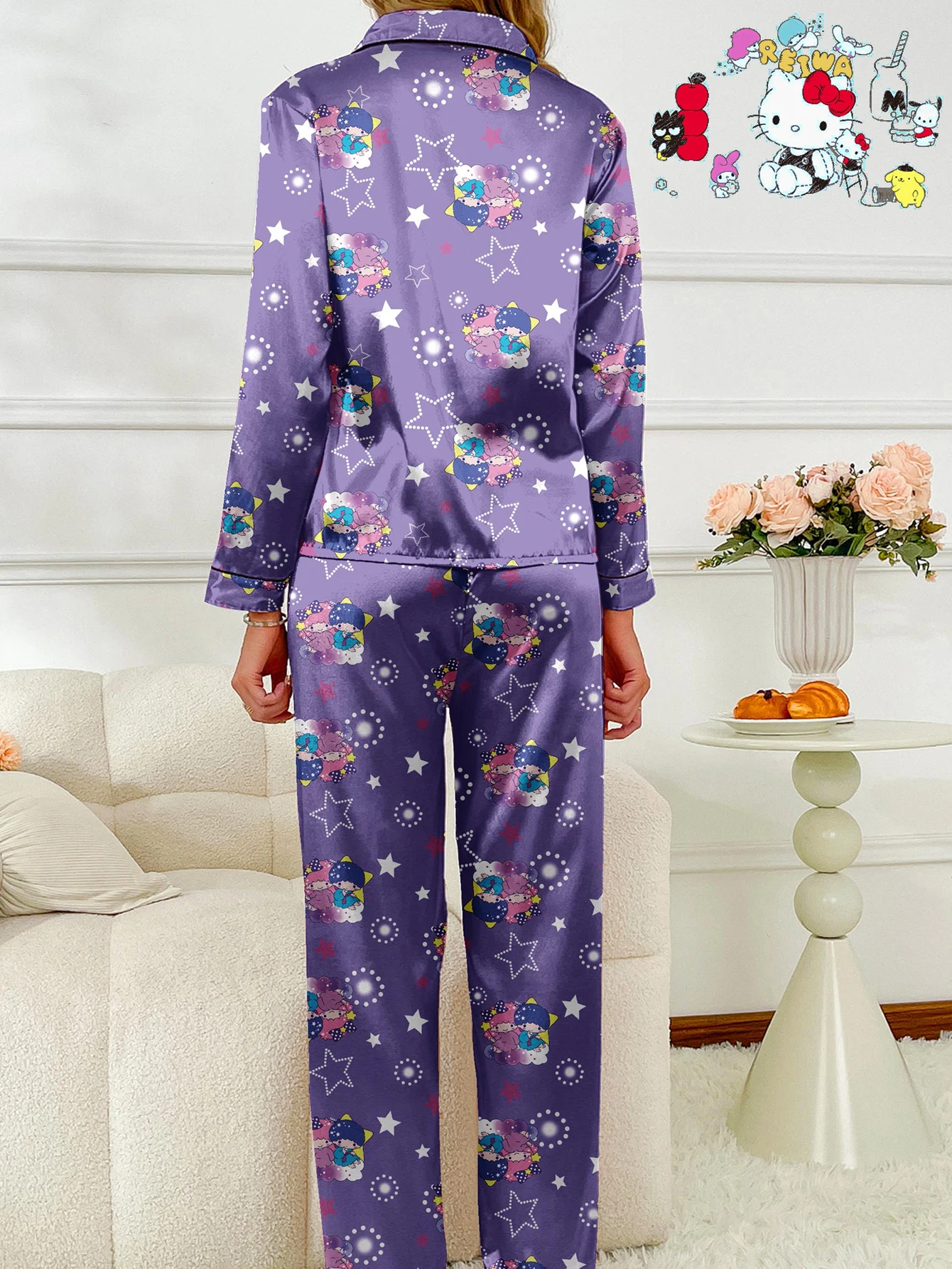 سانريو الأرجواني الكرتون طويلة الأكمام السراويل قميص طوق الساتان عارضة منامة المتسكعون مجموعة