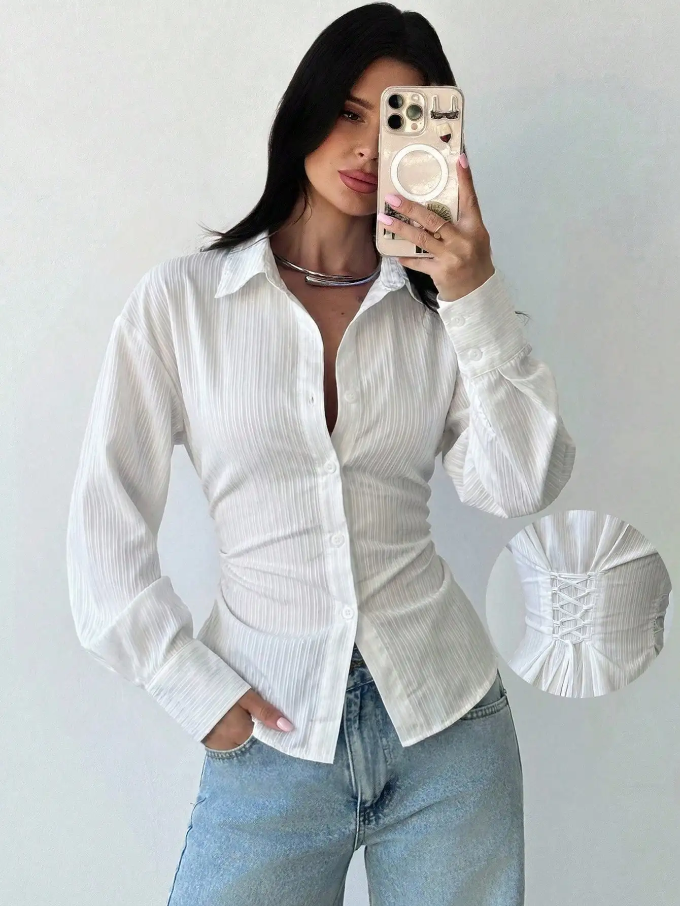 

Белая полосатая блузка с длинными рукавами и шнуровкой на спине, элегантная повседневная рубашка