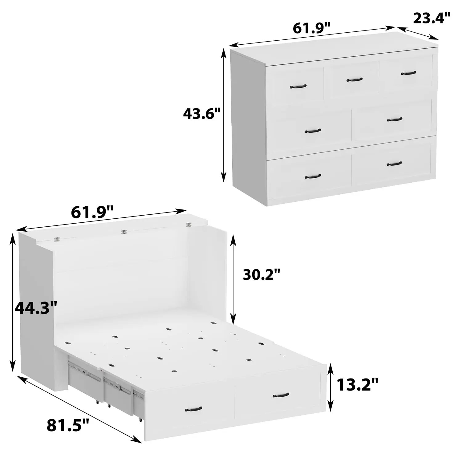 Multi-Functional Murphy Cabinet Bed Queen Size Foldable Platform BedFrame with Built-in Power Strip & Drawers White, Customized