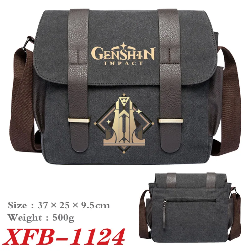 Anime Genshin Impact Shoulder Bag Messenger Travel Canvas Durable With 2 Leather Belt Buckle Bookbag