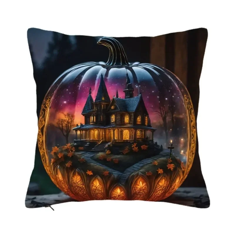 Halloween Decorative Cushion Cover, Pumpkin Head, Antique Castle Pillow Cover, Suitable for Home, Living Room, Sofa, Bedroom