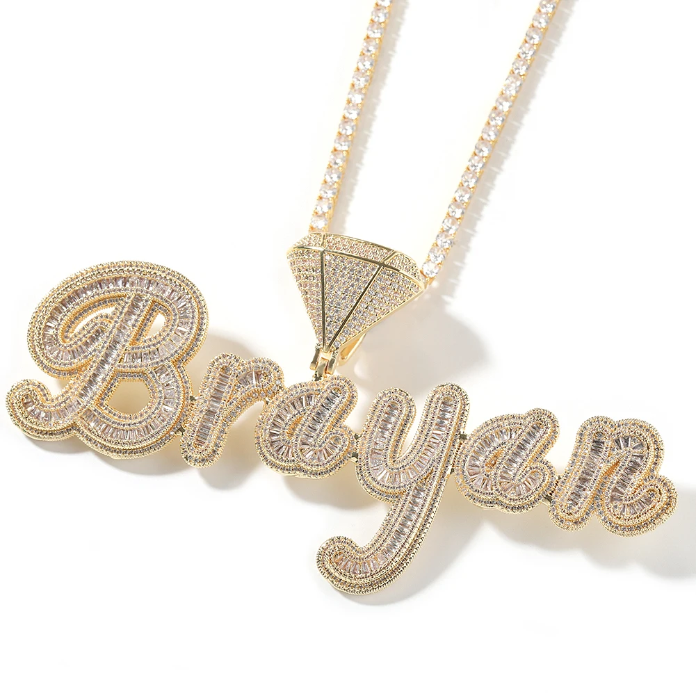 THE BLING KING Diamond Clasp Custom Baguettecz Cursive Letter Name Pendant Necklace Iced Out CZ Chain Necklace Hiphop Jewelry