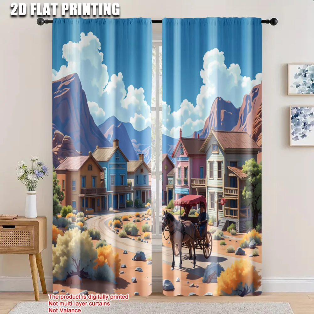 

2pcs, 2D flat printing Window Curtains small town Versatile Polyester,Without Electricity summer party decorations for Various