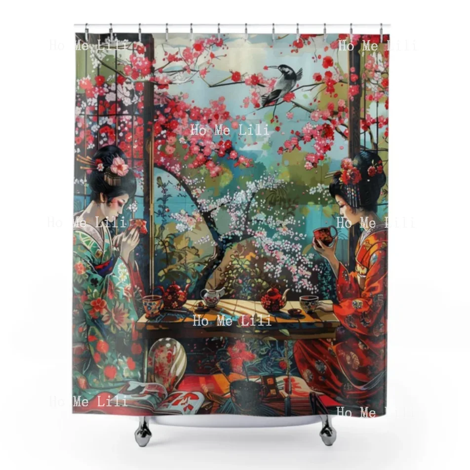 Tranquil Geishas And Sakura Japanese Cherry Blossom Geisha Shower Curtain Durable Bathroom Art