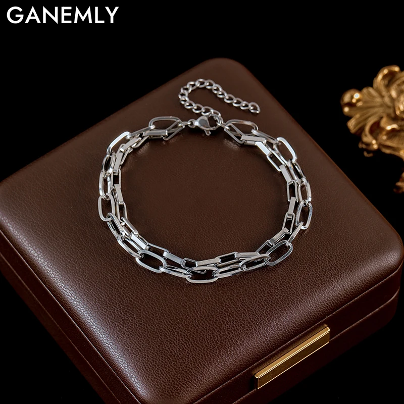 GANEMLY 316L Stainless Steel Silver Color Multilayer Chain Bracelet For Women Fashion Wrist Chain Waterproof Jewelry Party Gift