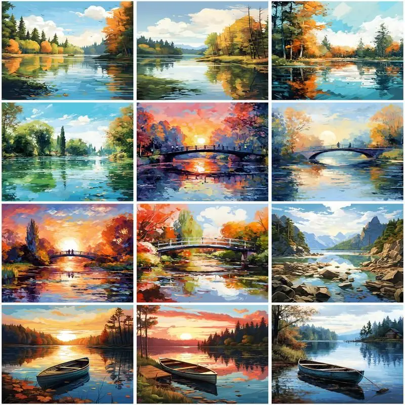 

CHENISTORY Picture By Number Tree Scenery DIY Frame Painting By Numbers Lake On Canvas For Adults Home Decoration Gift 50x65cm