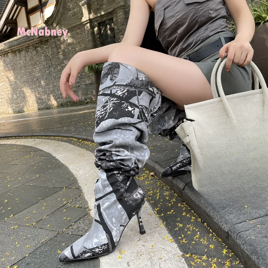 

Graffiti High Heel Boots,Pointed Toe Canvas Over The Knee Boots Casual Canvas Stiletto Women Boots 2024 New Zapatos Para Mujere