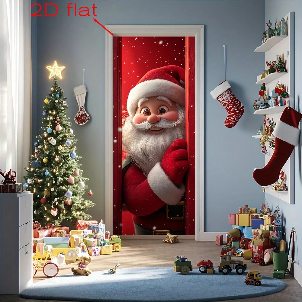 قطعة واحدة، لافتة باب مسطحة 2D، تقشر سانتا كلوز من خلف الباب الأحمر، بوليستر متعدد المقاسات/علم الباب