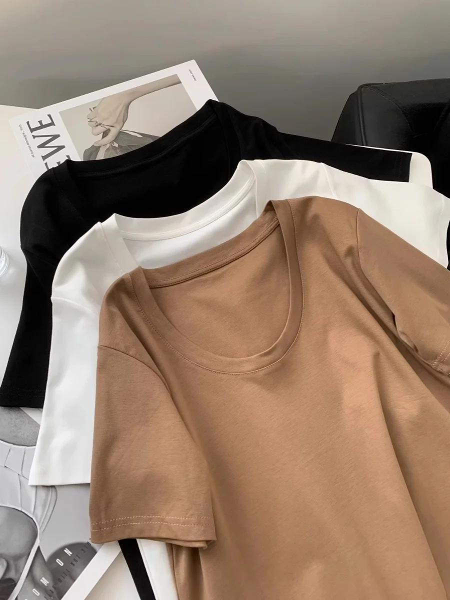 plus Size 300 Pounds  Color Simple U-Neck Short Sleeve T-Shirt Women Summer Loose Belly Covering Anti-Aging Trendy Top