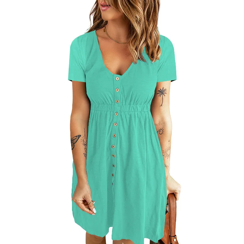 2026 New European and American Spring/Summer Solid Color Mid-Length Dress, Sexy V-Neck Waist-Cinching Short Sleeve Dress