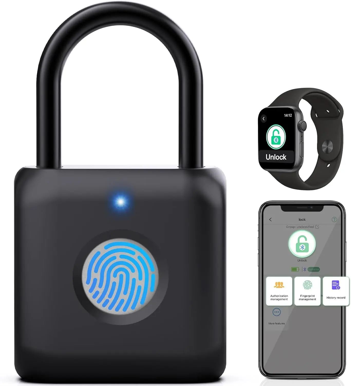 

Умный замок с функцией распознавания отпечатков пальцев и управлением через приложение, перезаряжаемый через USB, для спортзалов и дверей - черный