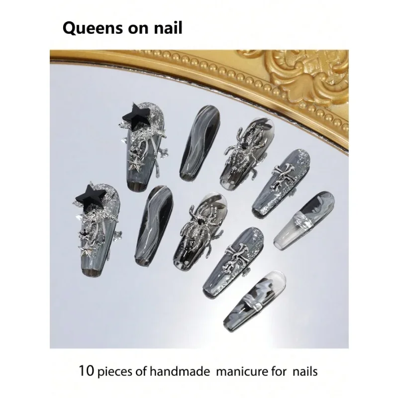 

10 Pieces Handmade press on Nails Ballet Style Fake Nails/Metal Punk/Hand-Painted Stripes/Shining Stars And Diamonds