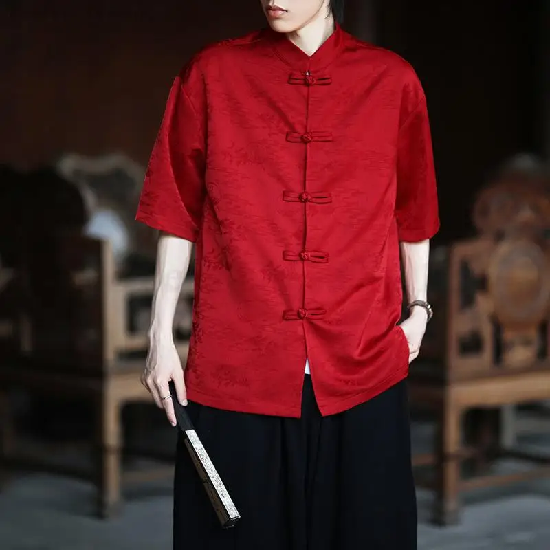 

Large Size Male Tang Clothes Shirt Chinese Style Jacquard Handmade Buttons Hanfu Tops Men Jacket Loose Casual Blouse Lounge Wear