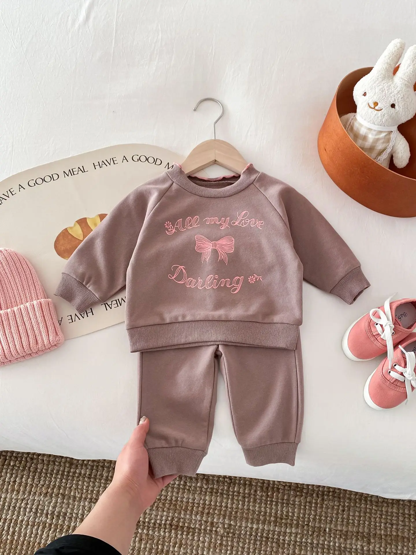 2024 Spring New Baby Long Sleeve Sports Set Infant Girl Bow Letter Print Sweatshirt + Pants 2pcs Suit Toddler Casual Outfits