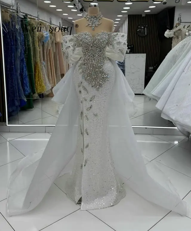 

White Two Pieces Off Shoulder Evening Dresses with Crystals Beaded Customized Formal Overskirts Wedding Events Dinner Party Gown