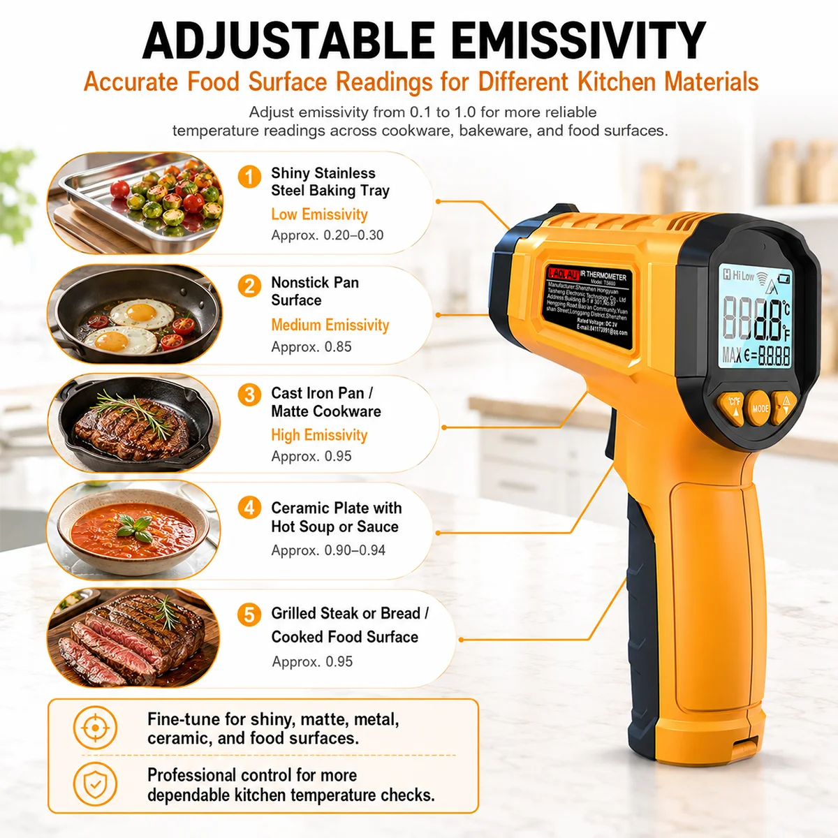 LAOLAU TS600 Infrared Food Thermometer Non Contact Surface Temperature Tester Adjustable Emissivity for Pizza Oven Cooking Tools