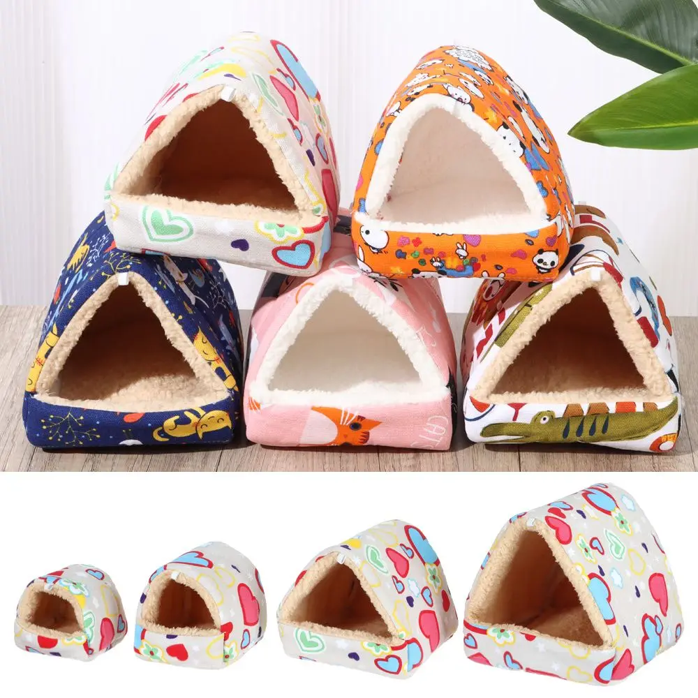 Pet Hamster Nest Semi-closed Velvet Warm Small Animal Cotton House Cartoon Pattern Guinea Pig Squirrel Cage Sleeping Bed