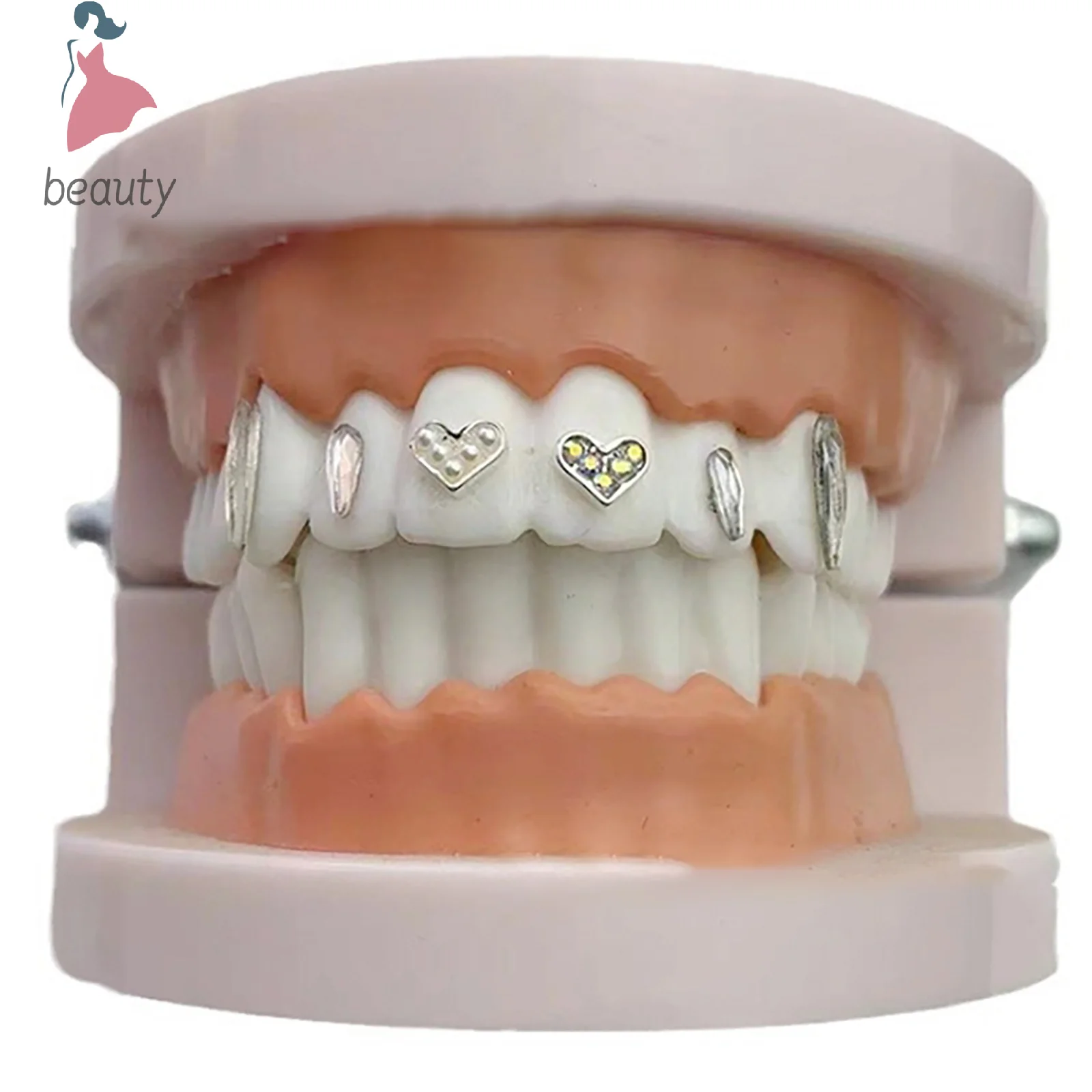 Juego de diamantes dentales con piedra de cristal, perlas en forma de corazón, decoración Dental