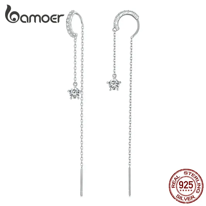 Bamoer 925 Sterling Silver Water Drop Stud Earrings Long Tassel Ear Hooks for Women Valentine's Day Birthday Gift Fine Jewelry