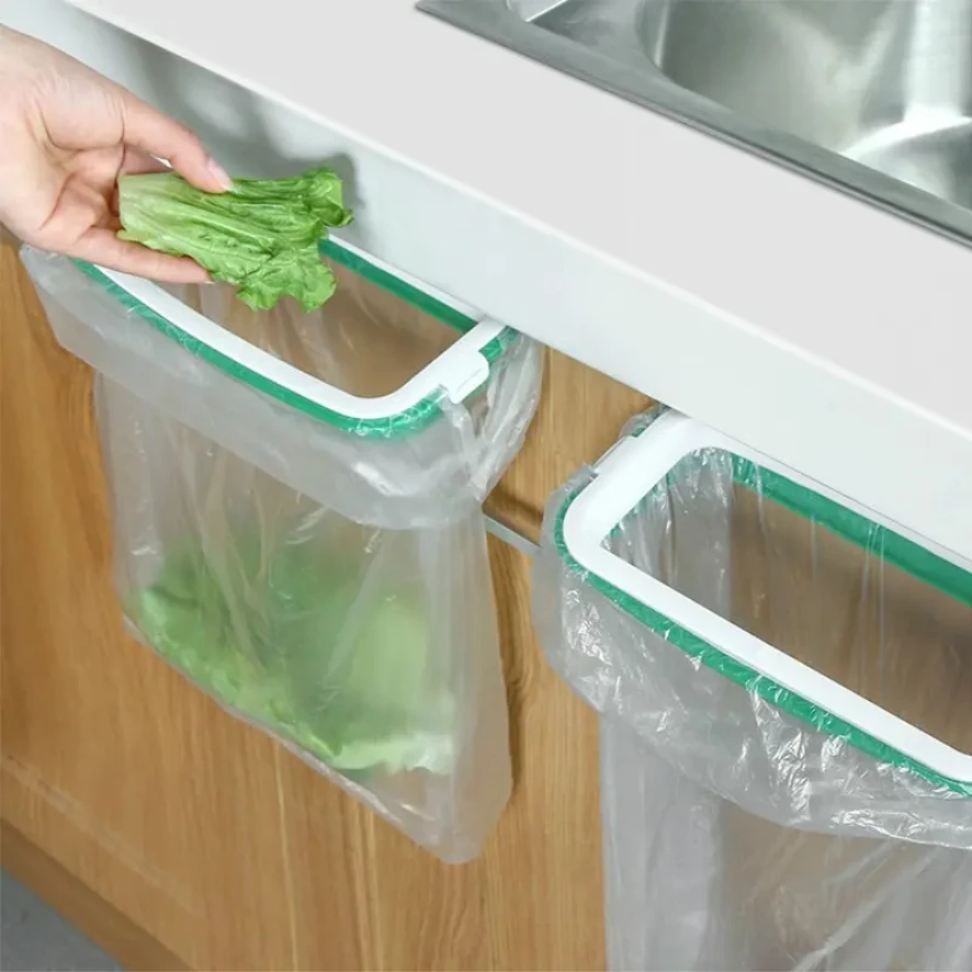 

Green Stylish Hanging Garbage Bag Rack with Cover Portable Kitchen Cabinet Rubbish Bag Plastic Rack Support Holder