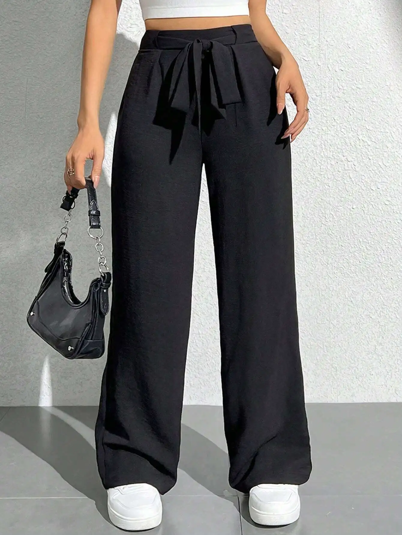 

Solid Black High-Waisted Belted Wide Leg Pants for Women