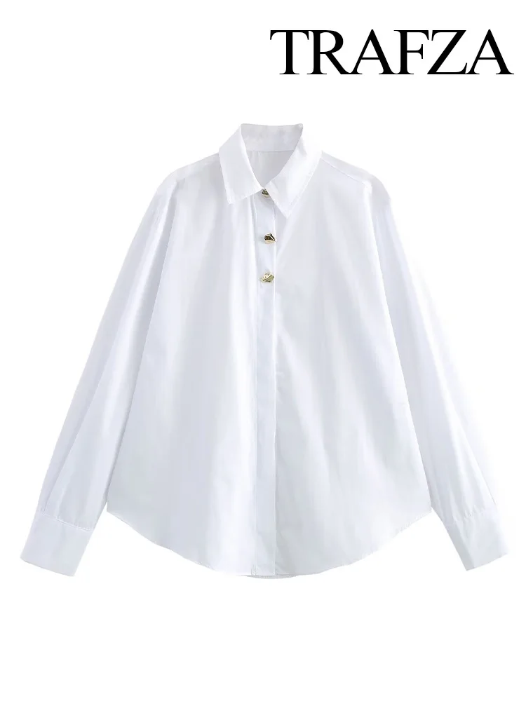 TRAFZA Woman Single-breasted Gold Button Decoration Shirts Top Spring Women Elegant Solid Turn-down Collar Long Sleeves Blouse