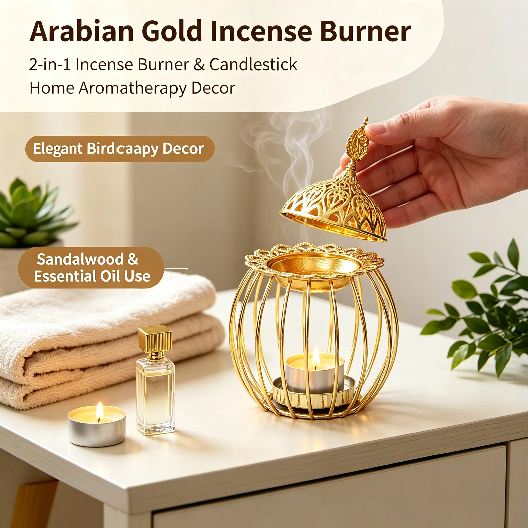 Golden Birdcage Incense Burner 2-in-1 Metal Aroma Candle Holder Arabian Style Incense Cone Holder Decorative Aromatherapy Orname