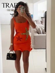 TRAFZA Female Fashion Sexy Glittering Star Embellished Orange Mini Dress Woman Casual Sleeveless Bodycon Holiday Dresses Mujer