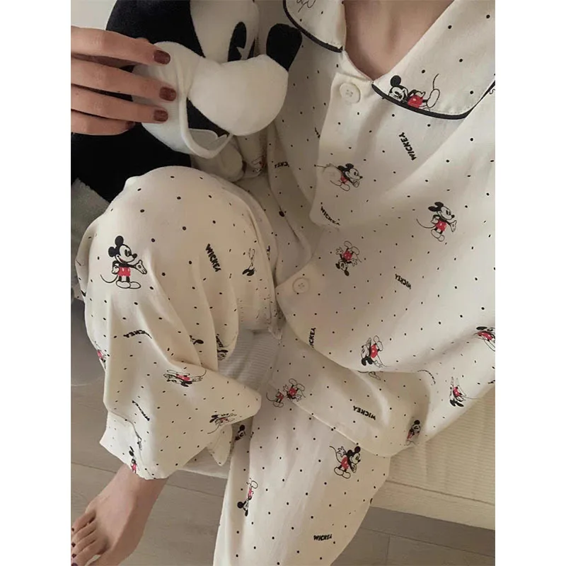 Disney Mickey Mouse Pajamas Set Cotton Women Short Sleeve Trousers Cartoon Korean Home Blouse Fashion Girls Cute Sleepwear Suit