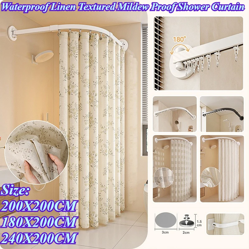 Waterproof Linen Textured Mildew Proof Shower Curtain No‑Drill Telescopic Curved Rail Bathroom Dry Wet Separation Curtain