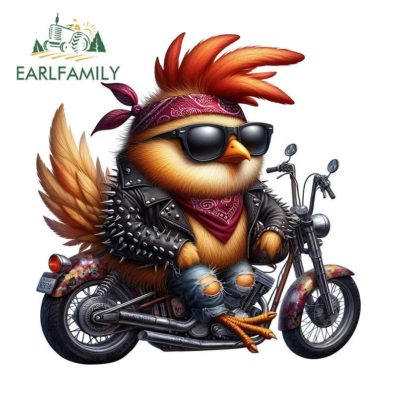 EARLFAMILY Rock Rooster Riding Cartoon Car Stickers Occlusion Scratch Luggage Motorcycle Windows Decals Personality Car Goods