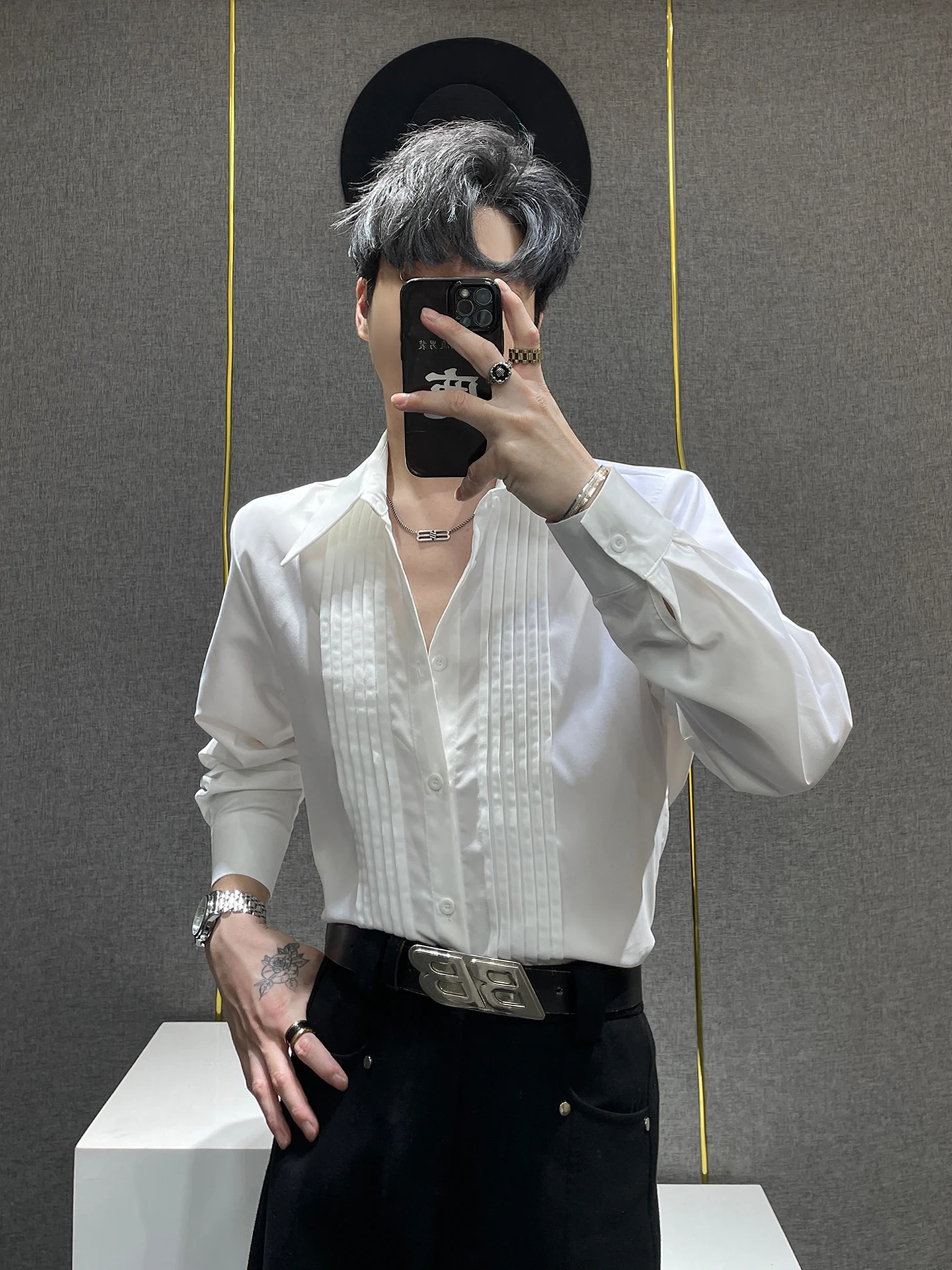 

Men's White Shirt with Shoulder Pads Casual Loose Fit Long Sleeve Cotton Polyester Blend Iron-Free Folded Design Spring Summer