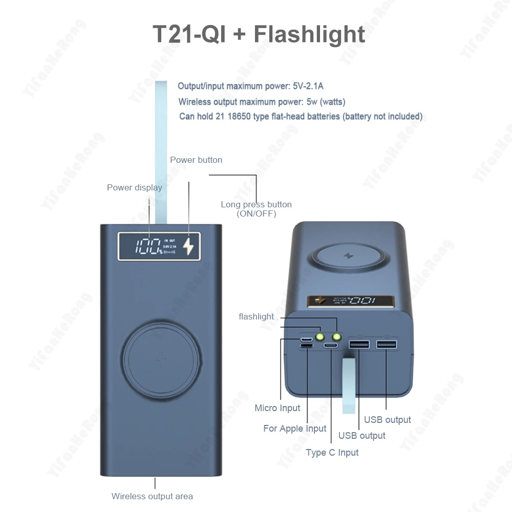 T21  21 * 18650 Flashlight Battery Charging Case Power Bank Stand DIY Case Dual USB Power Bank Support Wireless Fast Charging