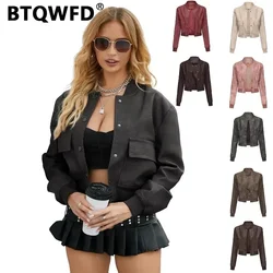 BTQWFD Women's Clothing Coat PU Faux Leather Casual Moto Biker Jackets Single Breasted Outwear 2024 Female Long Sleeve Winter