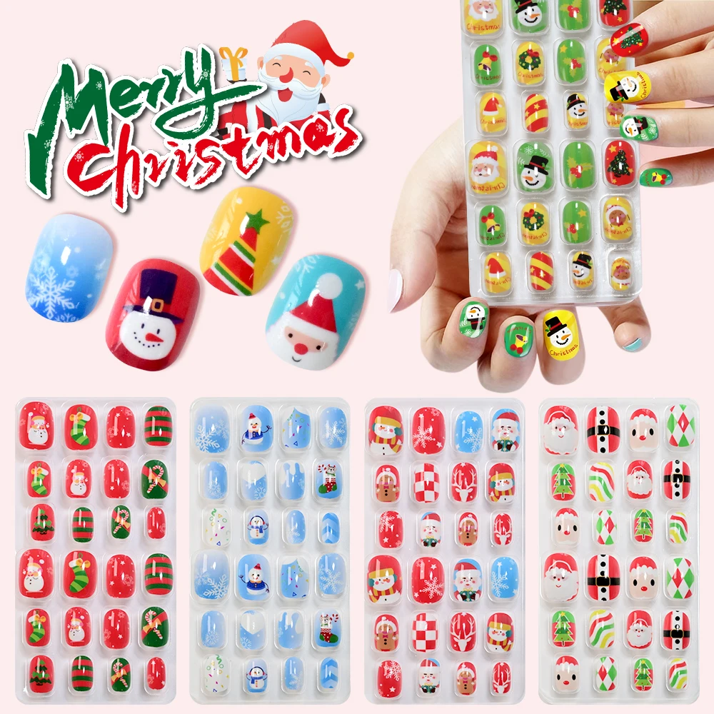 144Pcs Christmas Children False Nails Lovely Snowman Snowflakes Press On Nail Tip DIY Short Round  Kid Gifts False Nails Tips