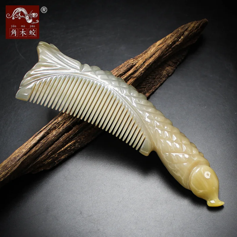 Horned Yak Horn Comb Carved in the Shape of a Fish
