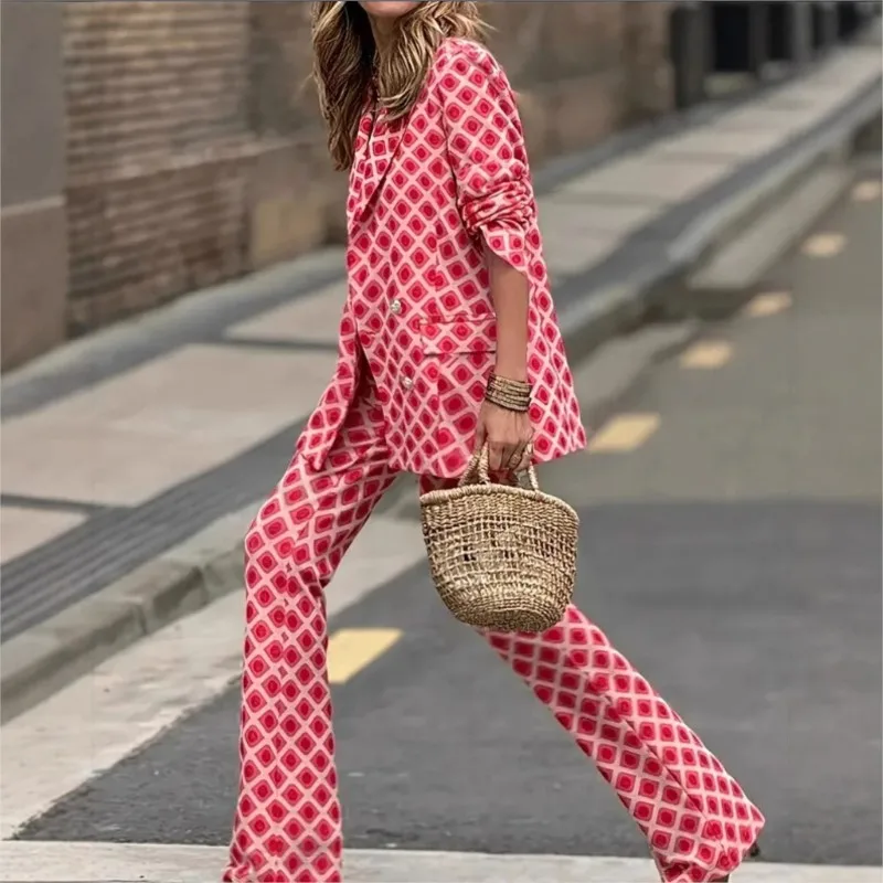 

Women Checkered Suit Jacket Set Autumn Winter New Elegant Printed Red Office Two Piece Outfits Button Jackets Straight Pants Set
