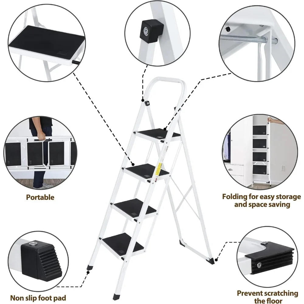 Escada de 4 degraus, banco dobrável com alça ampla plataforma antiderrapante, escada de aço leve, banco de aço portátil